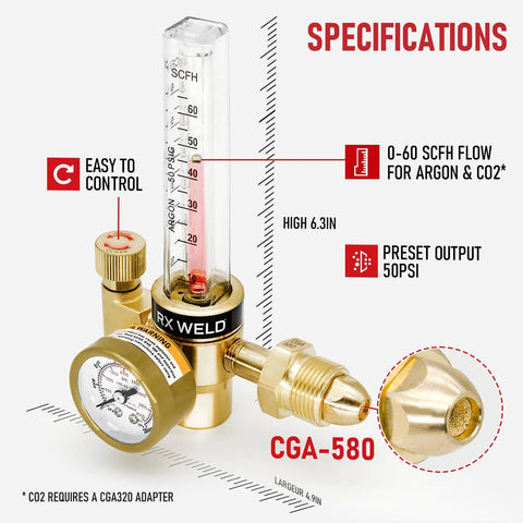Front view of RX WELD brass argon regulator with vertical flowmeter and CGA-580 fitting