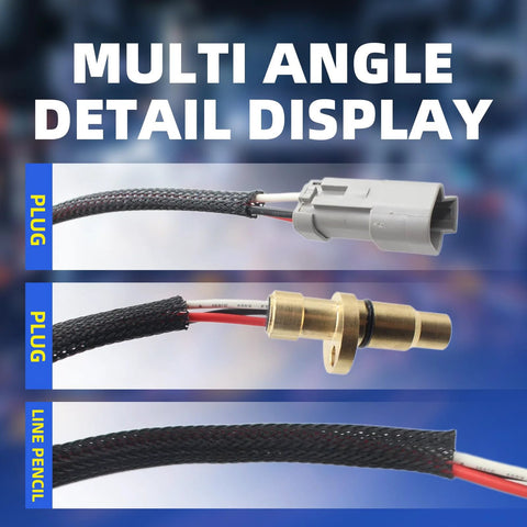 Speed sensor components for John Deere tractors: gray plug, brass sensor body, braided cable sleeve