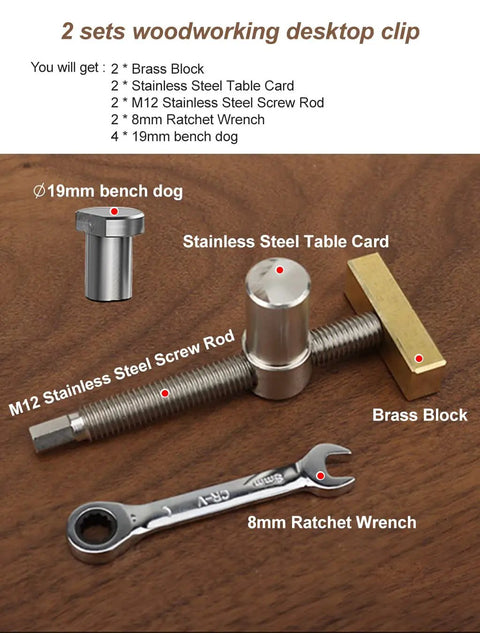 Slick Ace 3/4 Inch Bench Dog Clamps For Woodworking Crews With Rock Solid Stainless Steel Frame with 19mm bench dogs and brass block.