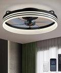 Ceiling Fan With Light 20 Inch Black Flush Mount Low Profile With 6 Speeds Dimmable LED Light Timing Reversible Wind And Memory Function Smart Fan For Bedroom Living Room Kids Room, shown installed on a ceiling with remote control.