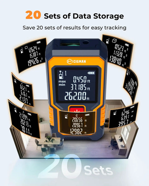 262 Ft Laser Tape Measure For Home DIYers And Real Estate Pros, Fast Accurate Readings Under 0.5s, Switch Between M In Ft And Front Or Rear Reference, Portable Pocket Laser Measuring Tool For Jobsites, orange ABS body with 20 data sets shown