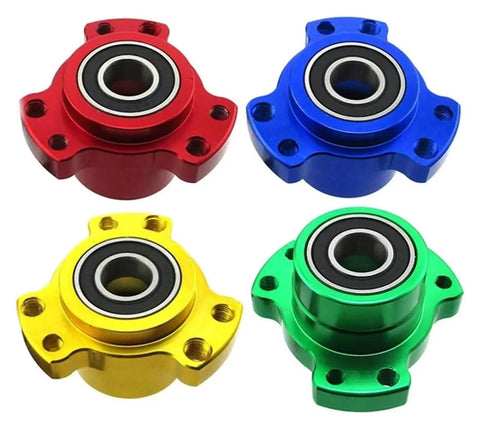Lightened Billet Aluminum Front Wheel Hub With Five Eighth Inch High Speed Dual Sealed Bearings shown in four colors for GoKart upgrade