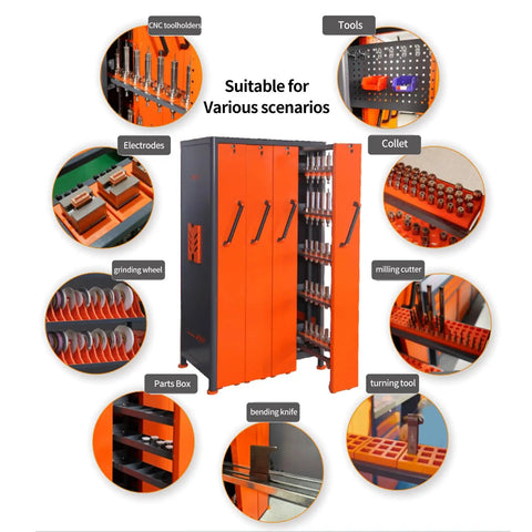 BT40 CAT40 CNC Tool Storage Cabinet With Vertical Drawers Heavy Duty Workhorse Steel Tool Holder Rack For Warehouses And Machining Centers ABS Tool Holders Absorb Shock Blue, orange steel cabinet for CNC toolholders and drawers