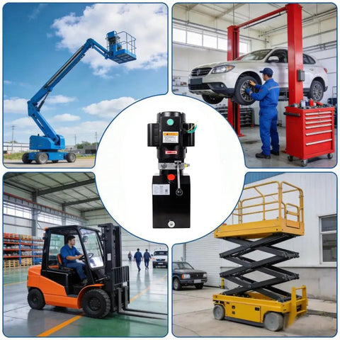 Essential 220V Hydraulic Power Unit Pump With 6 Quart Reservoir For Heavy Duty Car Lifts Dump Trailers And Auto Shop Equipment, shown in workshop.