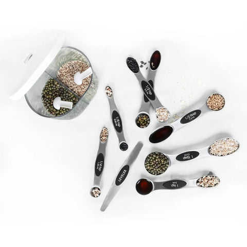 Magnetic Measuring Spoons Set Stainless Steel With Leveler Seven Piece Double Headed Spoons arranged with beans and grains