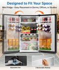 Frostorm 3.2 cu ft black mini fridge with freezer, upright compact appliance with adjustable feet and removable shelves.