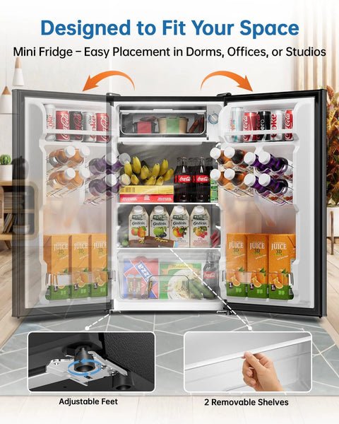 Frostorm 3.2 cu ft black mini fridge with freezer, upright compact appliance with adjustable feet and removable shelves.