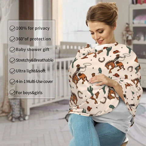 All In One Baby Car Seat Canopy And Nursing Cover, mom nursing baby, breathable multi use shield in nursery setting with printed design.