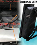Internal details of High Quality Premium 21.5 Inch Advertising Lcd Backpack with 12V lipo battery bank and connection points.