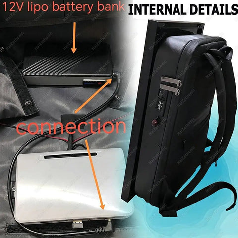 Internal details of High Quality Premium 21.5 Inch Advertising Lcd Backpack with 12V lipo battery bank and connection points.