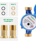 DN20 Water Meter 3/4 Inch NPT, AWWA C712 Certified Gallon Water Flow Meter with eco-brass fittings and gaskets for horizontal installation.