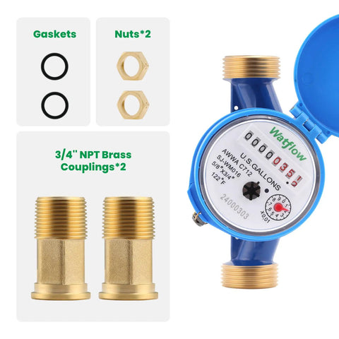 DN20 Water Meter 3/4 Inch NPT, AWWA C712 Certified Gallon Water Flow Meter with eco-brass fittings and gaskets for horizontal installation.