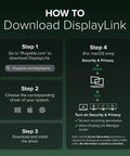 Instructional graphic on how to download and install DisplayLink on macOS, with steps for security and privacy settings.
