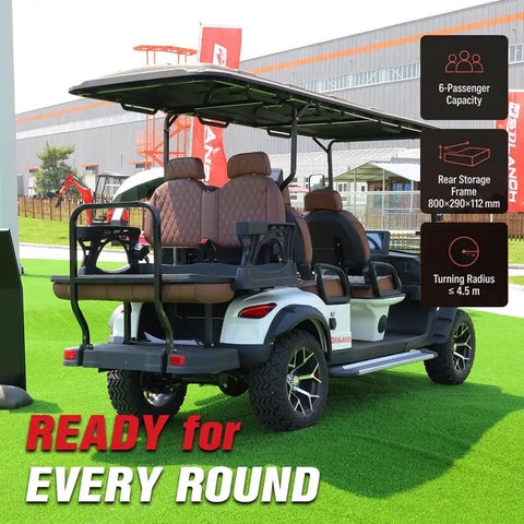 Six Seater Electric Golf Cart With 60V 105Ah Battery And Advanced Suspension Front And Rear Storage Super Fast Charging Smooth Handling Built Tough For Parks Hotels And Resort Shuttles Ready To Roll Out with rear storage and passenger seating.