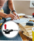 Fast Locking Level Fastener Push Pull Clamp For Vertical Fixtures with plastic handle, adjustable toggle catch, workshop setting.