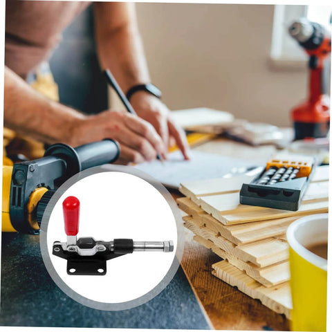 Fast Locking Level Fastener Push Pull Clamp For Vertical Fixtures with plastic handle, adjustable toggle catch, workshop setting.