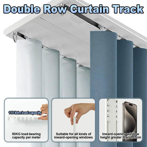 Double Row Curtain Track System With Silent Glide For Drop Ceiling Heavy Duty Design Hassle Free Snap Together Setup No Tools Needed Pre Connected For 39 Inch Plus Lengths Easy DIY Install And Quiet Operation, white
