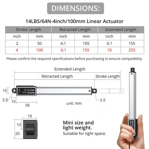 Dimensions of Compact Mini Linear Actuator With 4 Inch Stroke And 64 Newtons Of Raw Power, showing stroke and retracted lengths.