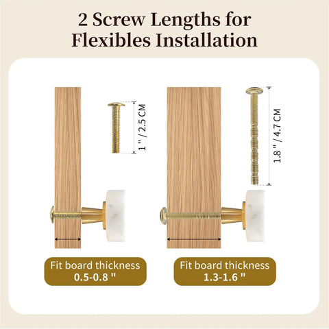 2 screw lengths for installation of Set Of 6 Real Deal White Marble Cabinet Knobs With Top Shelf Brass Drawer Pulls.