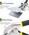 Close-up of sheet metal seamer pliers with non-slip grip, showing 1/4 inch increment curved jaw and offset design for precise metal work.