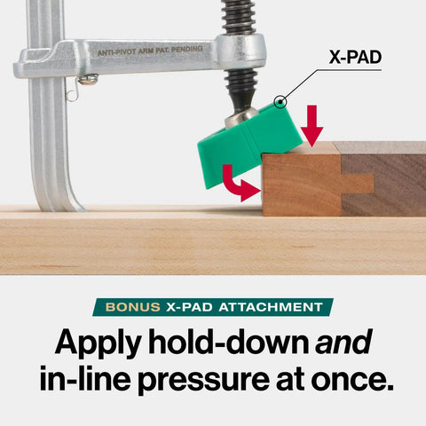 MatchFit Dovetail AP Clamp With X Pad for Router Tables and CNC Fixtures showing X-Pad applying pressure on wood.