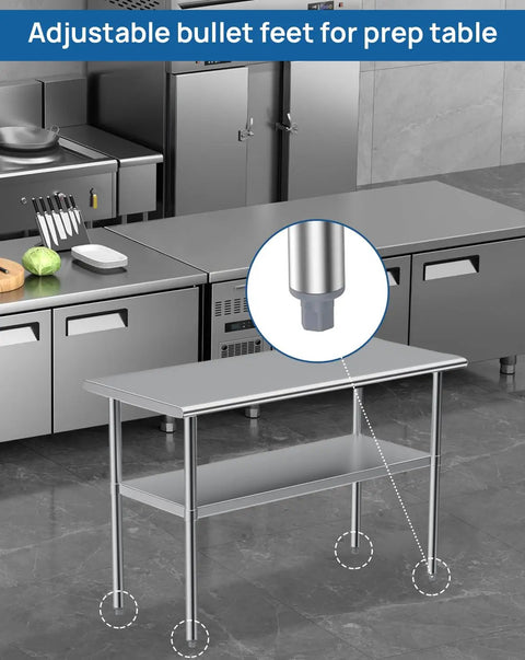 Stainless steel table with Workhorse Adjustable Bullet Feet For One And Five Eighths Inch Tubing in industrial kitchen setting