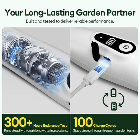 Close-up of 2 Gallon Battery Powered Sprayer With Automatic Pump, emphasizing durability and charging, 2200mAh Battery.