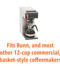 Bulk 12-Cup Basket Coffee Filters, 1000 Count, Go-To For Bunn And Most 12-Cup Commercial Brewers, Compostable Design shown with coffee maker