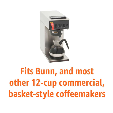 Bulk 12-Cup Basket Coffee Filters, 1000 Count, Go-To For Bunn And Most 12-Cup Commercial Brewers, Compostable Design shown with coffee maker
