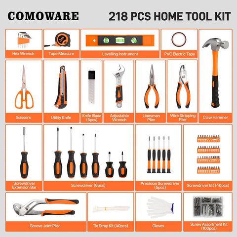 218 Piece Home Tool Kit With Plastic Toolbox Storage Case Essential DIY Hand Tools including scissors, wrenches, pliers, in orange