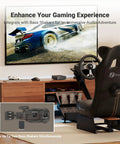 Home theater setup with gaming chair, TV, and Beefy 2 Channel Class D Desktop Amplifier Powered By TPA3255 With 600W Total Power.