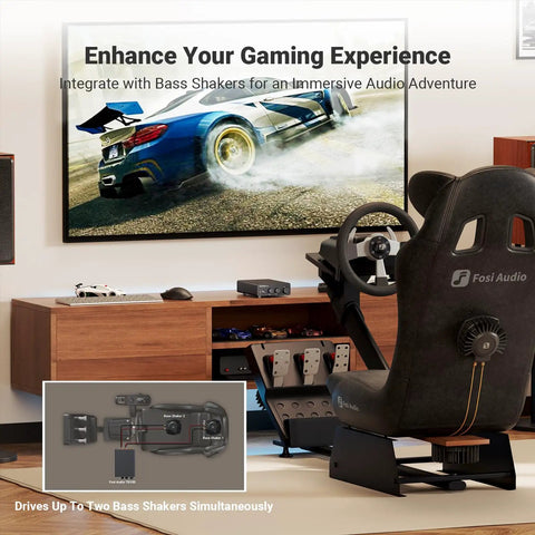Home theater setup with gaming chair, TV, and Beefy 2 Channel Class D Desktop Amplifier Powered By TPA3255 With 600W Total Power.