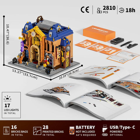 Steampunk Time Opera House Lighting Building Set with 2810 Pieces, showcasing dimensions and packaging details.