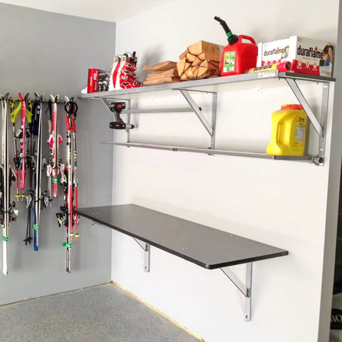 Heavy Duty 20 Inch Shelf Brackets Pack Of 2 550 Lb Capacity Solid Stainless Steel Right Angle L Brackets with shelves in garage