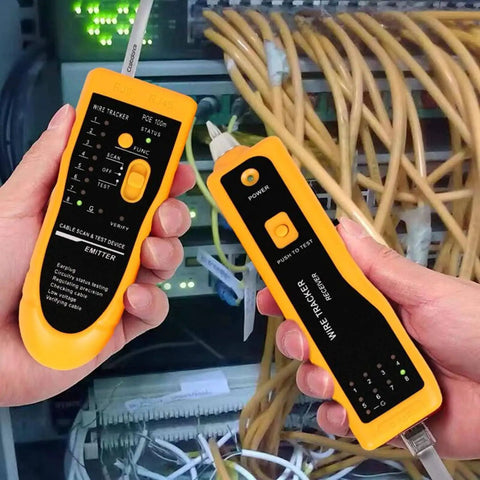 Pro Network Tool Kit With RJ45 Crimp Tool Pass Through Crimper Cat6 Cat5e Cat5 Crimping Tool, Wire Tracker in use