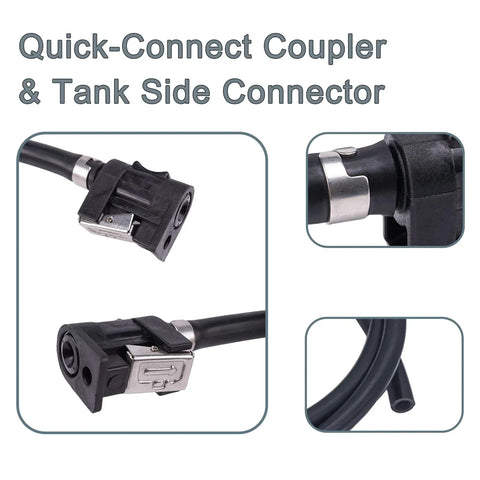 8 Ft Boat Fuel Line With Primer Bulb Connector For Outboard Motor 5 Sixteenth Inch Hose Replacement 2 Stroke 75-115 HP And 4 Stroke 40-75 HP With Quick Connect Fittings, shown with quick-connect coupler and tank side connector details.