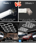 Comparison of hexagon LED garage lights installation for garage workshops, showing better plug design and ceiling mount options