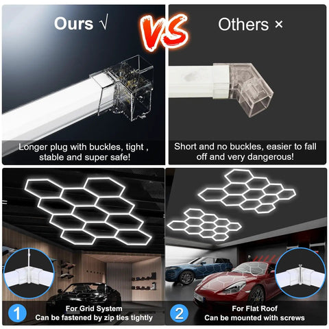Comparison of hexagon LED garage lights installation for garage workshops, showing better plug design and ceiling mount options