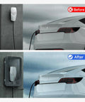 All Weather Wall Mounted EV Charger Protective Box For Outdoor Home Charging Stations Universal Fit For Tesla And Most EV Chargers Weatherproof Cover Shields Your Charger From Rain Snow Sun Dust, before and after installation under rain