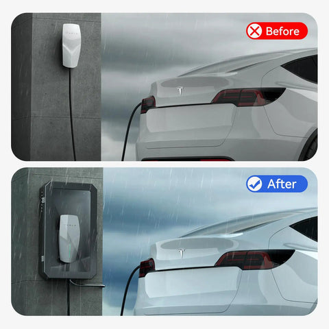 All Weather Wall Mounted EV Charger Protective Box For Outdoor Home Charging Stations Universal Fit For Tesla And Most EV Chargers Weatherproof Cover Shields Your Charger From Rain Snow Sun Dust, before and after installation under rain