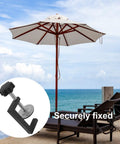 4 Pack Adjustable Patio Furniture Clamps For Outdoor Rattan Wicker Sofas And Sectional Sets, shown securing deck umbrella, ocean view