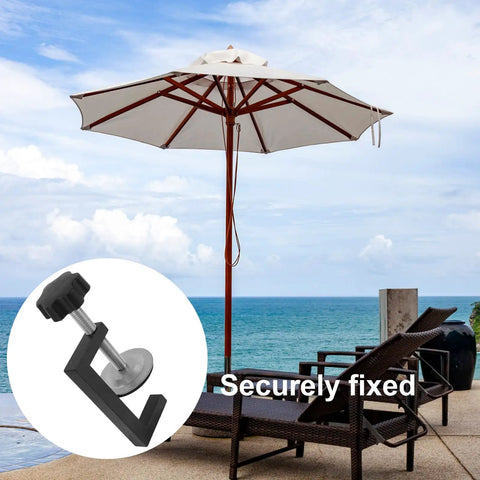 4 Pack Adjustable Patio Furniture Clamps For Outdoor Rattan Wicker Sofas And Sectional Sets, shown securing deck umbrella, ocean view