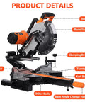 Heavy Duty 10 Inch Dual Bevel Sliding Miter Saw With Bright Led Light And 48 Tooth Blade showing product details including adjustable features.
