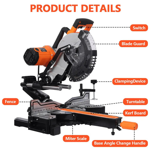 Heavy Duty 10 Inch Dual Bevel Sliding Miter Saw With Bright Led Light And 48 Tooth Blade showing product details including adjustable features.