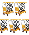 Rock Solid Double Scissor Hydraulic Lift Table Cart 770 Lb Capacity Adjustable Platform for Garage Work with four units shown.