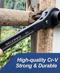 Ratcheting Podger Scaffold Spud Wrench With Double Ended Sockets 19mm And 22mm in use on scaffolding, CrV steel black finish