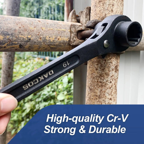 Ratcheting Podger Scaffold Spud Wrench With Double Ended Sockets 19mm And 22mm in use on scaffolding, CrV steel black finish