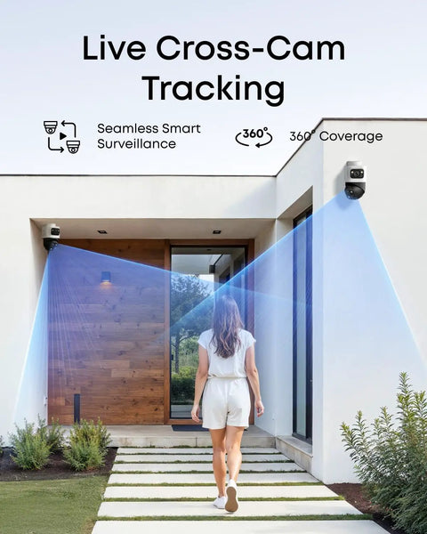 4K NVR Security Camera System With PoE Wiring And 24 Seven Recording demonstrating cross cam tracking feature at building entrance