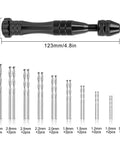 32 Piece Pin Vise Hand Drill Set For Jewelry Making And Mini Crafting Kit With 0.8 To 3.0 mm Twist Drill Bits And 0.3 To 1.2 mm PCB Drills, Includes Carving Clamp For Resin Wood Plastic Crafting shown with measurements and drill bits displayed