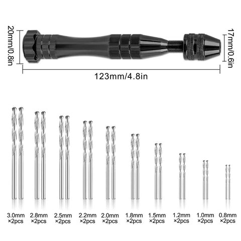32 Piece Pin Vise Hand Drill Set For Jewelry Making And Mini Crafting Kit With 0.8 To 3.0 mm Twist Drill Bits And 0.3 To 1.2 mm PCB Drills, Includes Carving Clamp For Resin Wood Plastic Crafting shown with measurements and drill bits displayed
